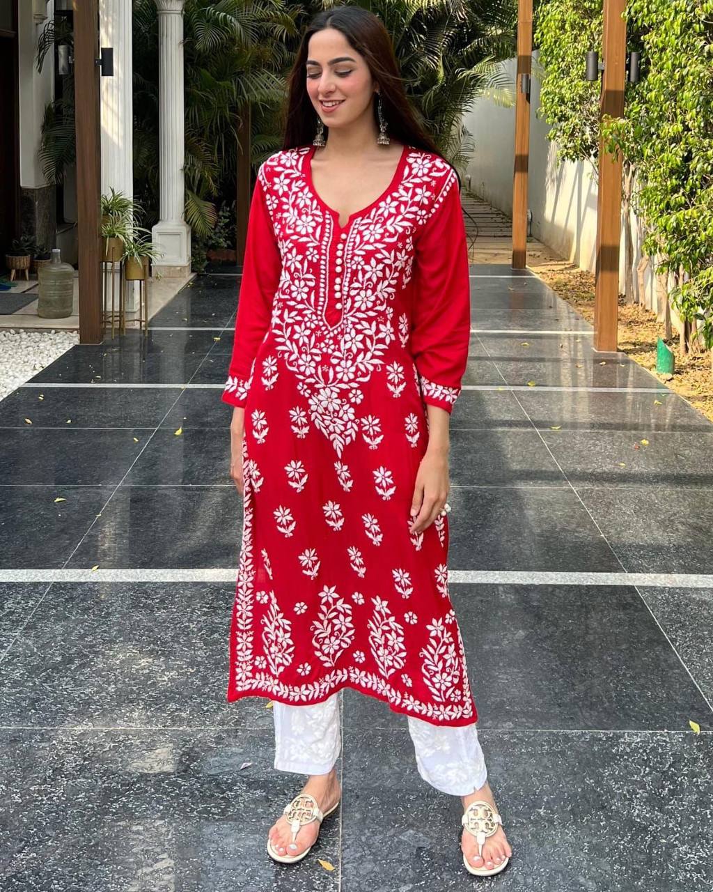 Red Rayon Cotton Embroidered Kurta Pant Set