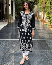 Load image into Gallery viewer, Black Rayon Cotton Embroidered Kurta Pant Set
