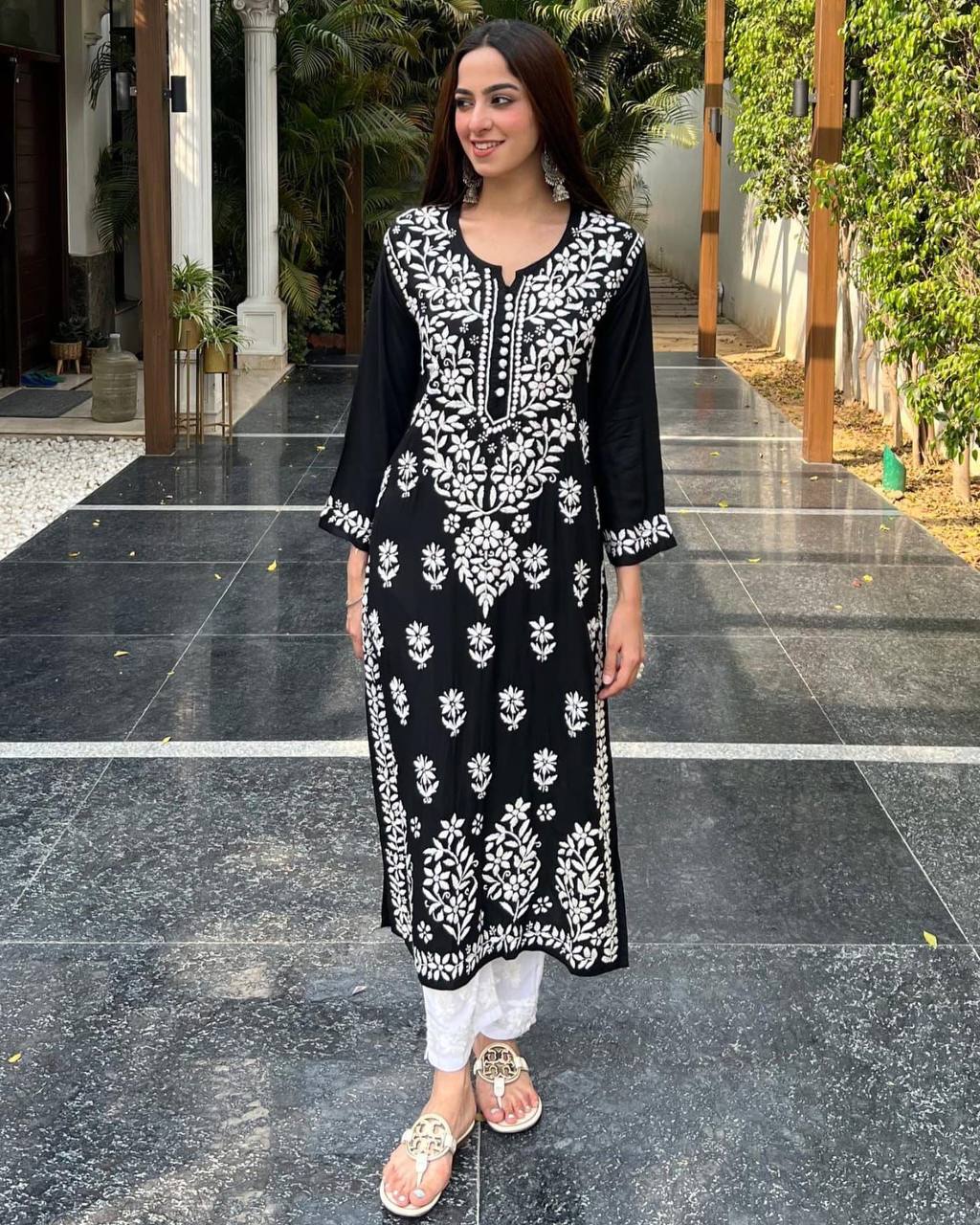 Black Rayon Cotton Embroidered Kurta Pant Set