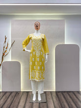 Load image into Gallery viewer, Yellow Rayon Cotton Embroidered Ethnic Kurta Pant Set
