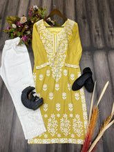 Load image into Gallery viewer, Yellow Rayon Cotton Embroidered Ethnic Kurta Pant Set
