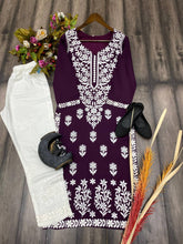 Load image into Gallery viewer, Wine Color Rayon Cotton Embroidered Ethnic Kurta Pant Set
