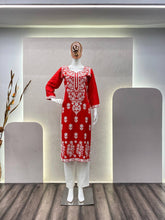 Load image into Gallery viewer, Red Rayon Cotton Embroidered Kurta Pant Set
