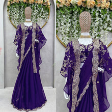 Load image into Gallery viewer, Designer Ready to Wear Purple Colour Saree With Thread And Sequence Work
