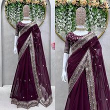 Load image into Gallery viewer, Amazing Saree on Heavy Tibby Silk Fabric With Thread And Sequences Work&nbsp;
