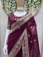 Load image into Gallery viewer, Amazing Saree on Heavy Tibby Silk Fabric With Thread And Sequences Work&nbsp;
