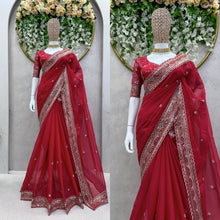 Load image into Gallery viewer, Amazing Saree on Heavy Tibby Silk Fabric With Thread And Sequences Work&nbsp;
