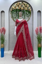 Load image into Gallery viewer, Amazing Saree on Heavy Tibby Silk Fabric With Thread And Sequences Work&nbsp;
