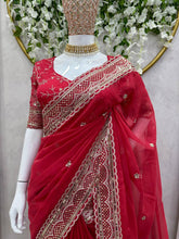 Load image into Gallery viewer, Amazing Saree on Heavy Tibby Silk Fabric With Thread And Sequences Work&nbsp;
