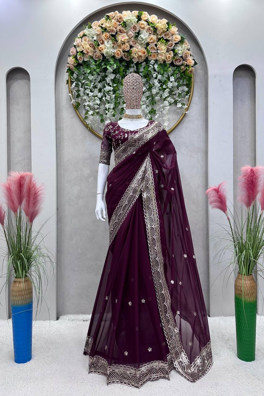 Amazing Saree on Heavy Tibby Silk Fabric With Thread And Sequences Work 