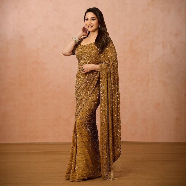 Bollywood Madhuri Dixit Golden Colour Sequences Design Saree