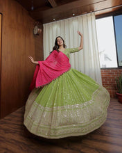 Load image into Gallery viewer, Beautiful Georgette Fabric With Long Fliar And Thread &amp; Sequences Work On Green Lehenga Choli
