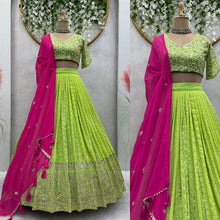 Load image into Gallery viewer, Beautiful Georgette Fabric With Long Fliar And Thread &amp; Sequences Work On Green Lehenga Choli
