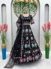 Load image into Gallery viewer, Amazing Black Colour Georgette Fabric With Long Flair And Thread &amp; Sequences Work Lehenga Choli
