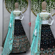 Load image into Gallery viewer, Designer Black Colour Chinon Fabric With Long Flair And Thread &amp; Sequences Work Lehenga , Choli With Blue Dupatta
