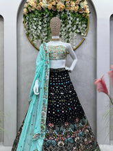 Load image into Gallery viewer, Designer Black Colour Chinon Fabric With Long Flair And Thread &amp; Sequences Work Lehenga , Choli With Blue Dupatta
