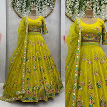 Load image into Gallery viewer, Designer Yellow Colour Georgette Fabric With Long Flair And Thread &amp; Sequences Work Lehenga Choli
