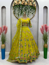 Load image into Gallery viewer, Designer Yellow Colour Georgette Fabric With Long Flair And Thread &amp; Sequences Work Lehenga Choli
