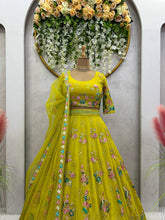 Load image into Gallery viewer, Designer Yellow Colour Georgette Fabric With Long Flair And Thread &amp; Sequences Work Lehenga Choli
