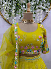 Load image into Gallery viewer, Designer Yellow Colour Georgette Fabric With Long Flair And Thread &amp; Sequences Work Lehenga Choli
