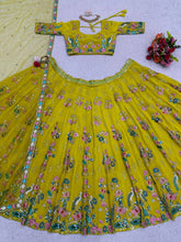 Load image into Gallery viewer, Designer Yellow Colour Georgette Fabric With Long Flair And Thread &amp; Sequences Work Lehenga Choli
