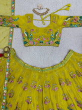 Load image into Gallery viewer, Designer Yellow Colour Georgette Fabric With Long Flair And Thread &amp; Sequences Work Lehenga Choli
