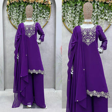 Load image into Gallery viewer, Attractive Purple Colour Georgette Fabric With Thread Work Top , Plazo With Dupatta
