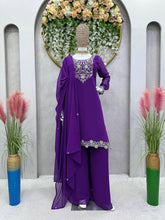 Load image into Gallery viewer, Attractive Purple Colour Georgette Fabric With Thread Work Top , Plazo With Dupatta
