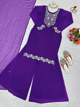 Load image into Gallery viewer, Attractive Purple Colour Georgette Fabric With Thread Work Top , Plazo With Dupatta
