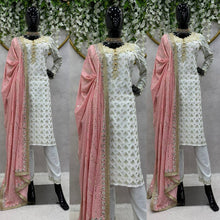 Load image into Gallery viewer, Fancy White Colour Georgette Fabric And Thread With Real Mirror Work Suit With Dupatta
