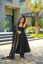 Load image into Gallery viewer, Attractive Black Colour Chinon Silk Fabric With Thread &amp; Sequence Work Fully Stitched Anarkali Suit
