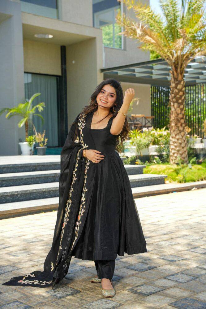 Attractive Black Colour Chinon Silk Fabric With Thread & Sequence Work Fully Stitched Anarkali Suit