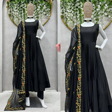 Load image into Gallery viewer, Attractive Black Colour Chinon Silk Fabric With Thread &amp; Sequence Work Fully Stitched Anarkali Suit
