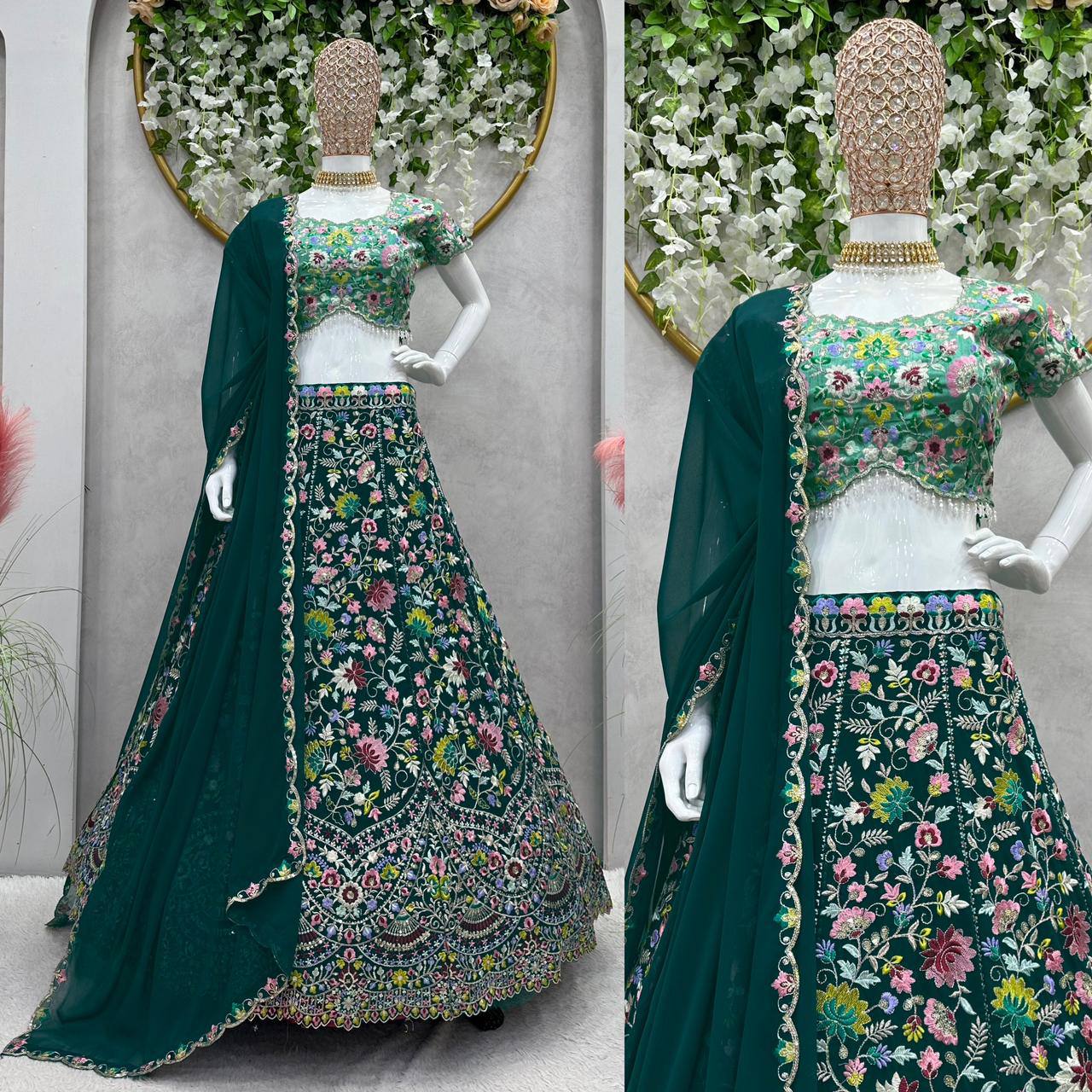 Designer Green Color Georgette Thread With Sequence Work Lehanga Cholii