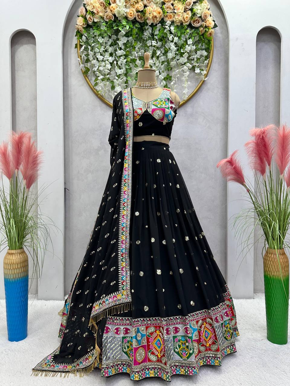 Attractive Black Color Georgette Fabric And Thread With Sequence Work Long Flair Lehenga Choli