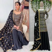 Load image into Gallery viewer, Gorgeous Chinon Silk Designing Black Colour kurti Plazo Set
