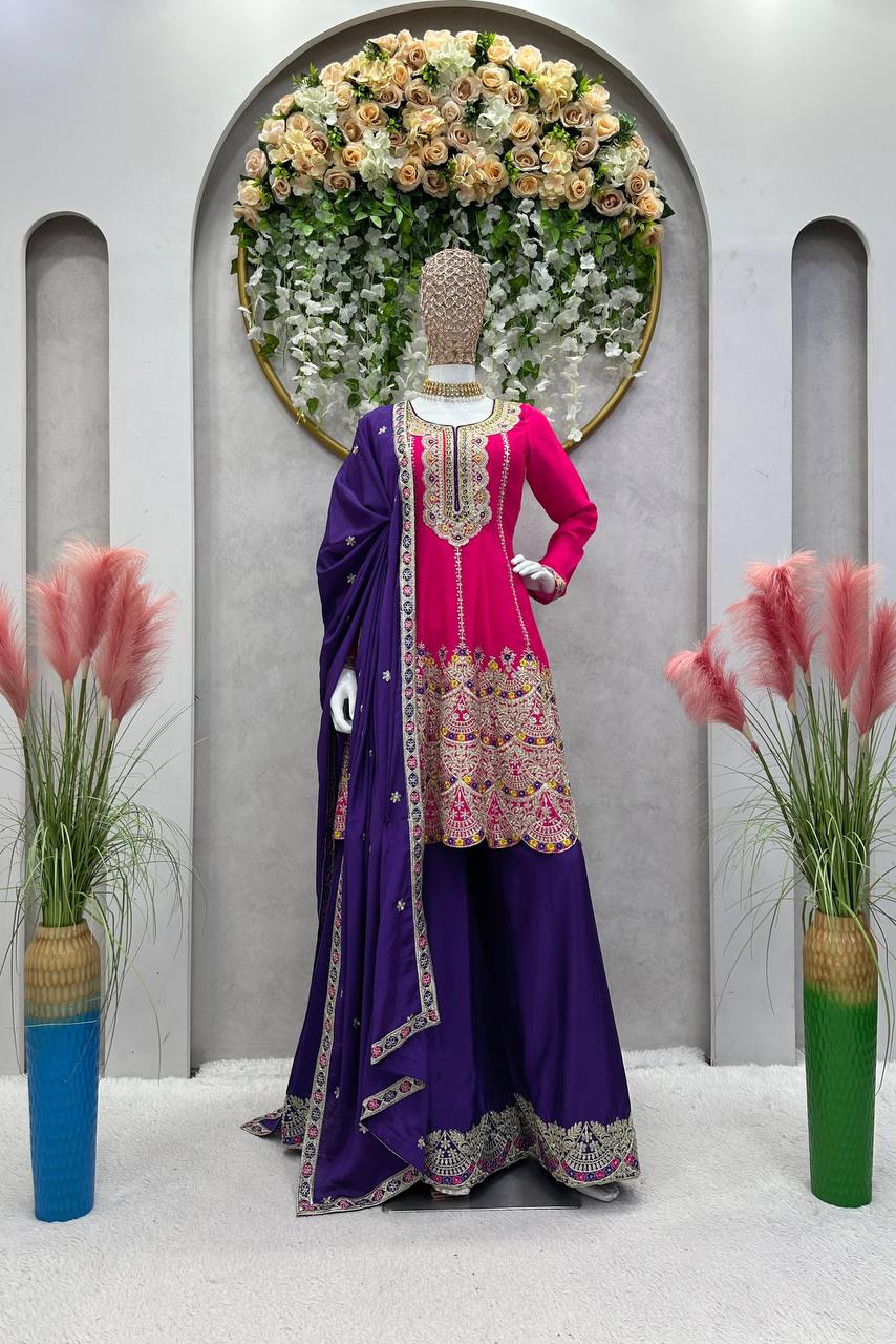 Attractive Designer Chinon Silk With Coding work Sharara Suit