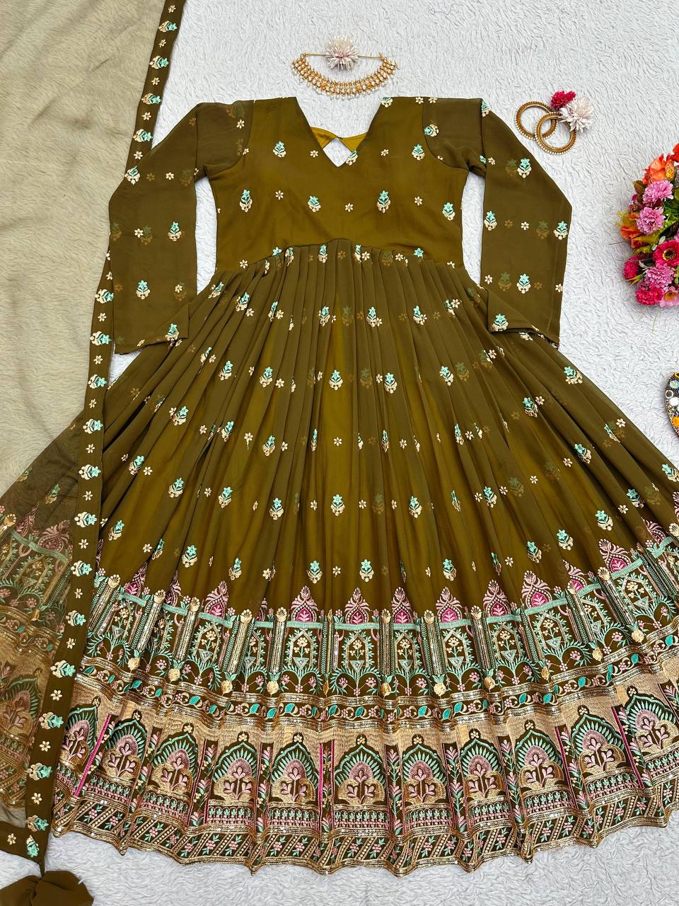 Mehndi Green Georgette Work Anarkali Suit With Dupatta