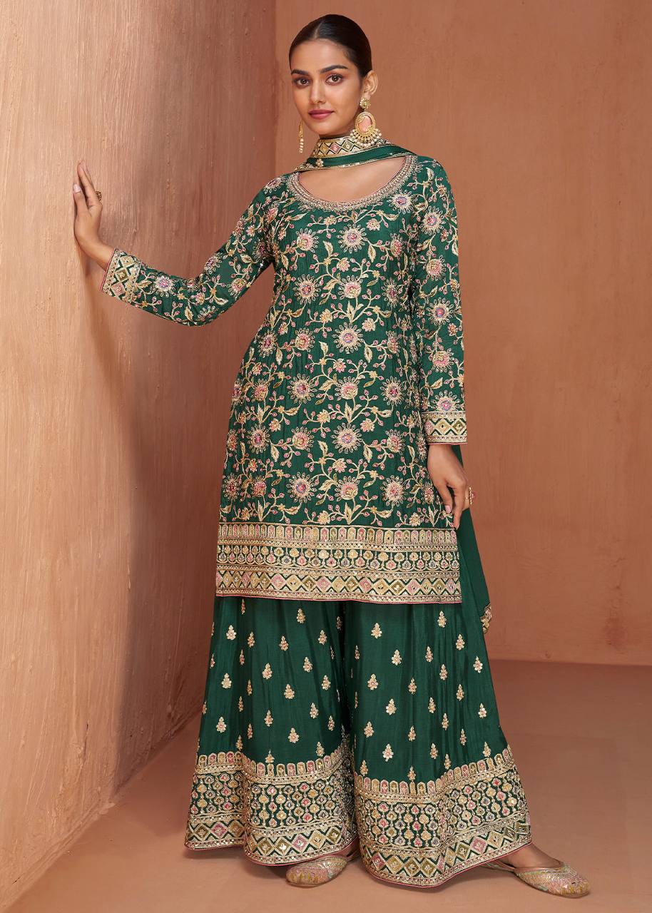 Green Color Chinon Embroidered Fully Stitched Sharara Suit