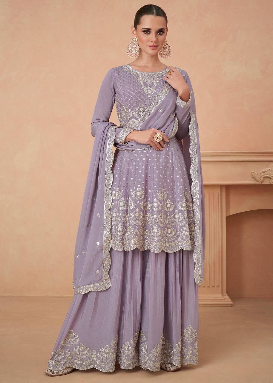 Purple Color Chinon Embroidered Fully Stitched Sharara Suit