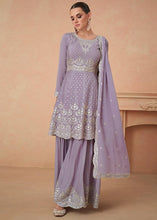 Load image into Gallery viewer, Purple Color Chinon Embroidered Fully Stitched Sharara Suit
