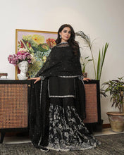 Load image into Gallery viewer, Black Color Georgette Sequence Thread Work Full Stitched Sharara Suit
