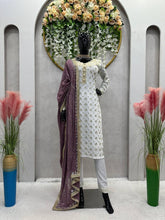 Load image into Gallery viewer, Party Wear White Suit With Different Color Mirror Work Dupatta
