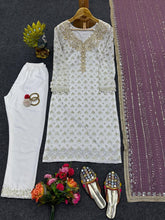 Load image into Gallery viewer, Party Wear White Suit With Different Color Mirror Work Dupatta
