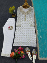 Load image into Gallery viewer, Party Wear White Suit With Different Color Mirror Work Dupatta
