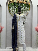 Load image into Gallery viewer, Party Wear White Suit With Different Color Mirror Work Dupatta
