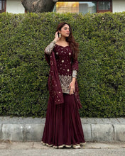 Load image into Gallery viewer, Amazing Georgette Dark Maroon Color Sharara Suit
