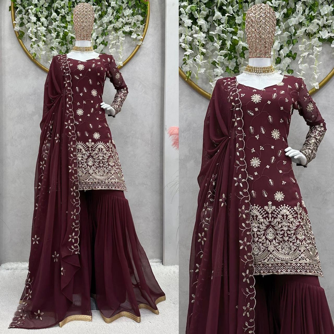 Amazing Georgette Dark Maroon Color Sharara Suit