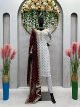 Load image into Gallery viewer, Party Wear White Suit With Different Color Mirror Work Dupatta
