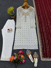 Load image into Gallery viewer, Party Wear White Suit With Different Color Mirror Work Dupatta
